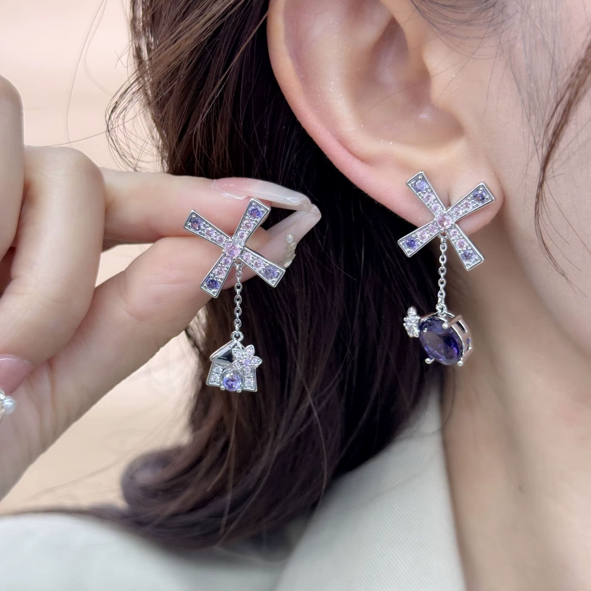 Collection Luxury Irregular Design Charm Earrings High-End Purple Windmill Inlaid Zircon Drop Earrings