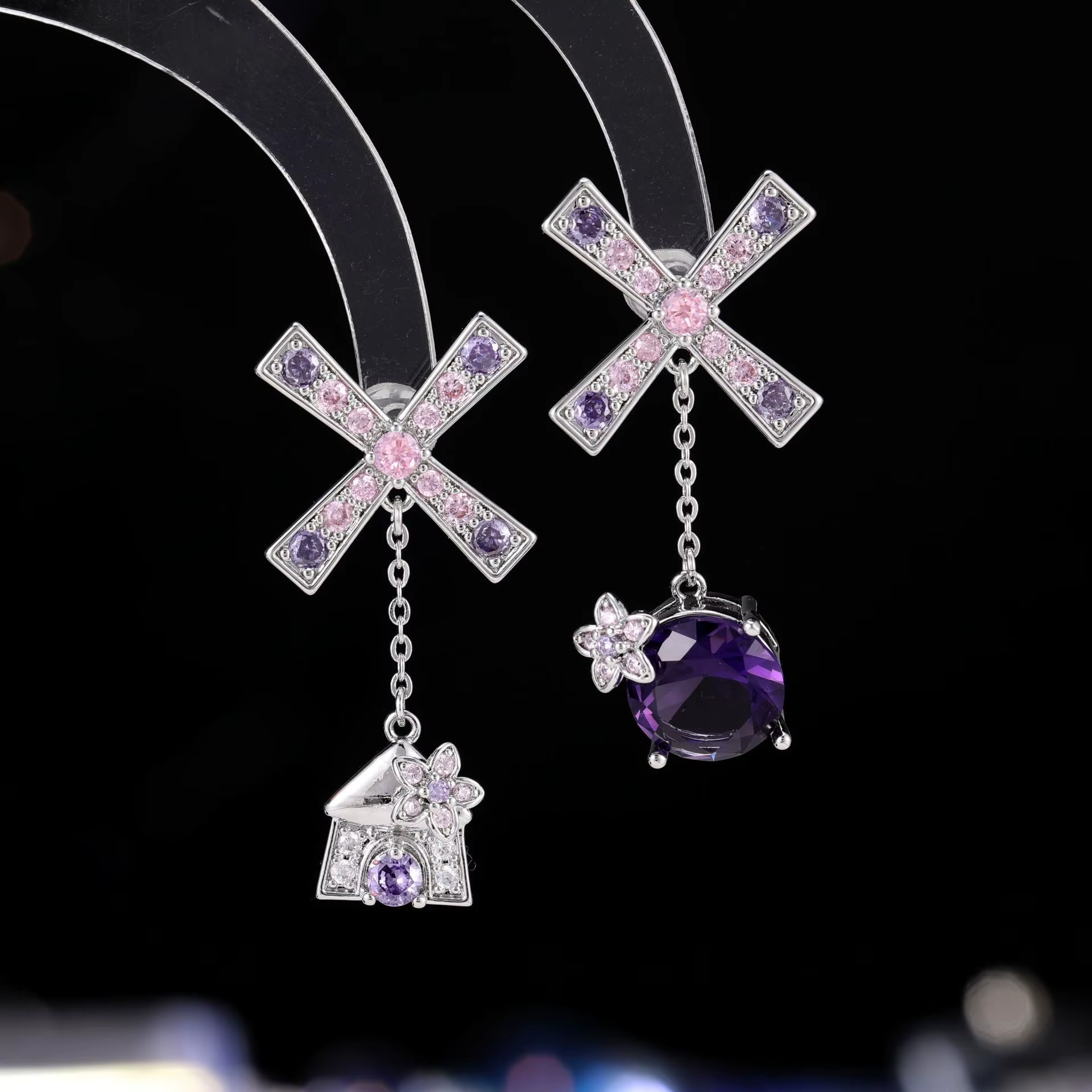 Collection Luxury Irregular Design Charm Earrings High-End Purple Windmill Inlaid Zircon Drop Earrings
