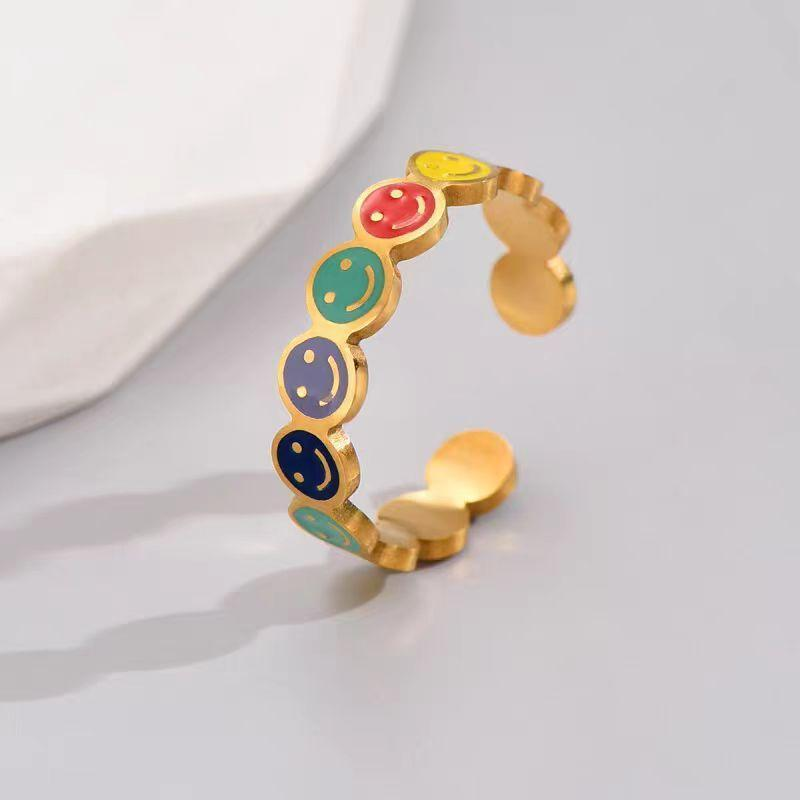 Colorful Smiley Face Adjustable Ring for Women Gold Plated Stainless Steel