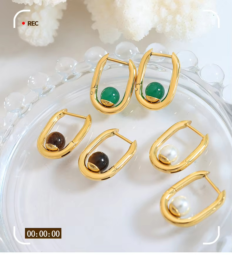 Creative Customizable 18K Gold Plated Brass Geometric Huggie Earrings Pearl Agate Stone Trendy Women's Fashion Jewelry Certified