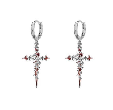 Gothic Cross Huggie Hoop Earrings with Red Gemstone Accents, Unisex Stainless Steel Drop Earrings