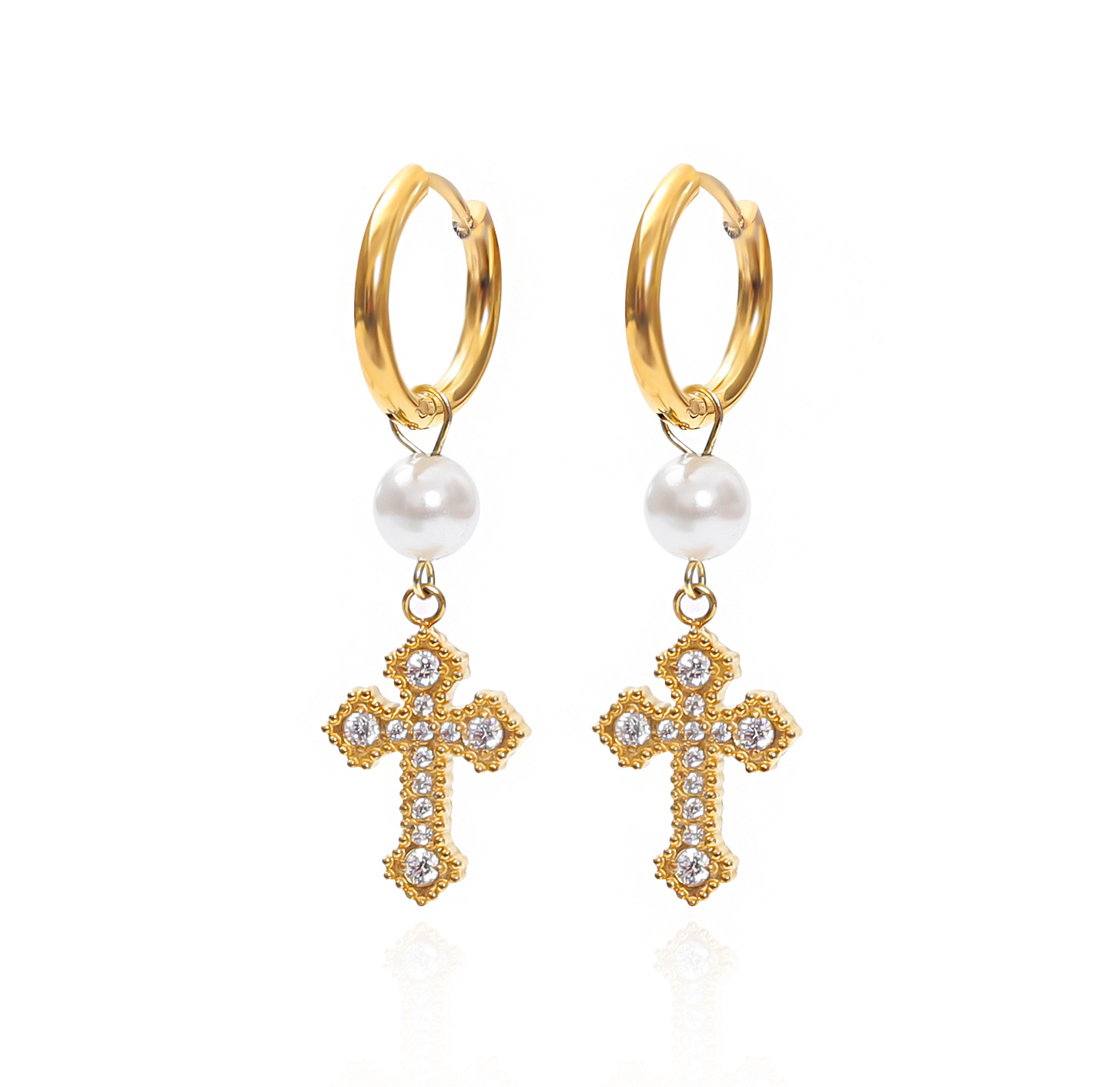 Gold Cross Pearl Dangle Earrings – Elegant Crystal Paved Hoop Earrings for Women
