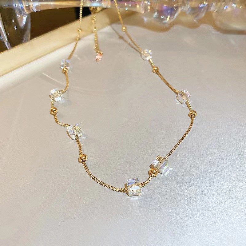 Iridescent Cube Crystal Bead Necklace – Gold Titanium Chain for Women