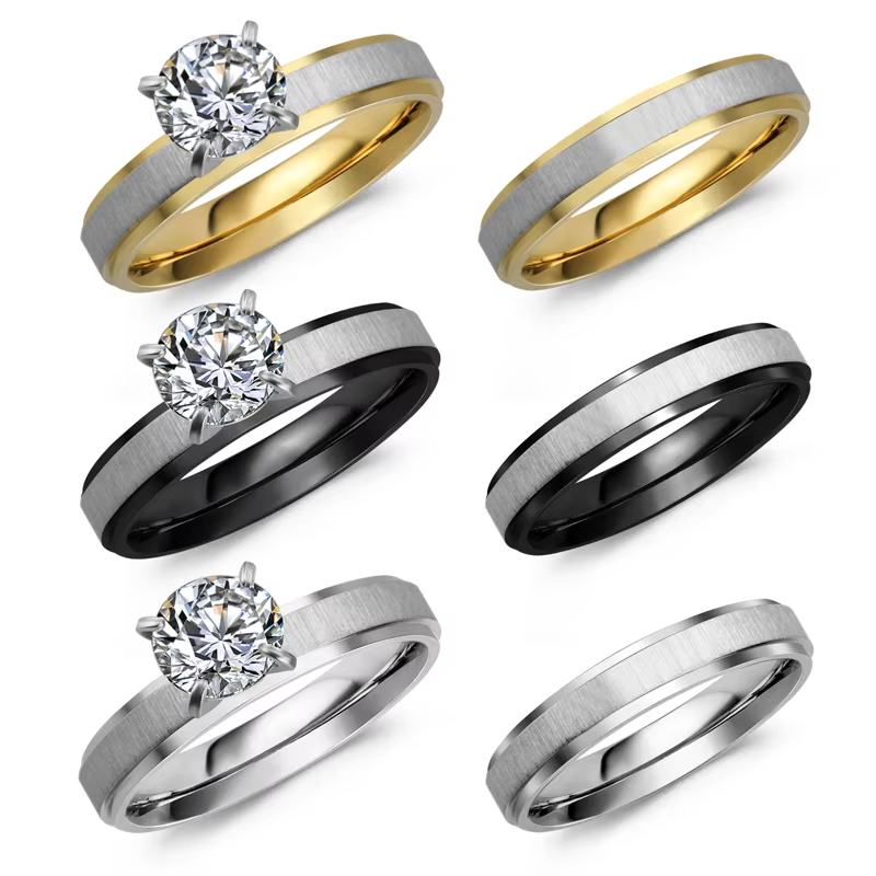 Custom 18K Gold Plated Cubic Zirconia Engagement & Wedding Ring Set for Women – Stainless Steel Dual Tone