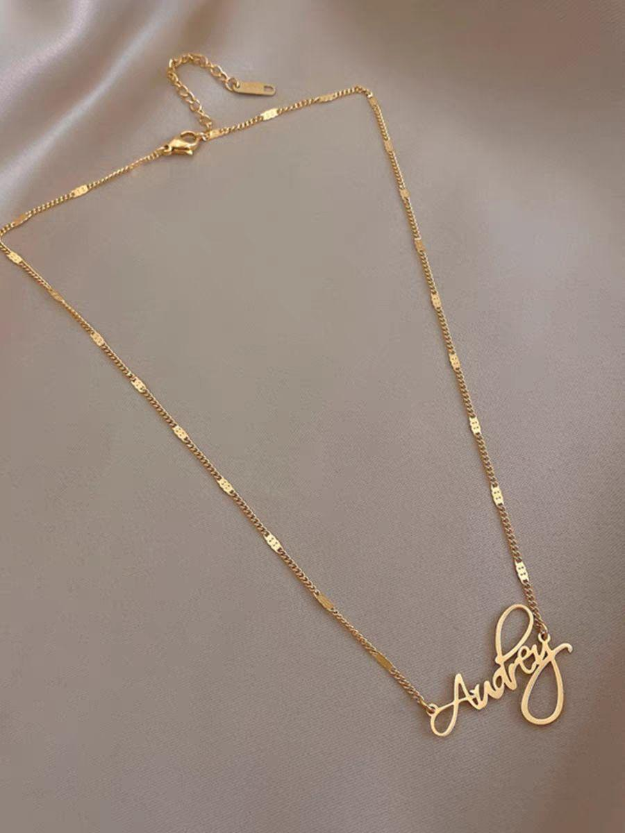 Custom Nameplate Necklace – Audrey Script Gold Personalized Jewelry