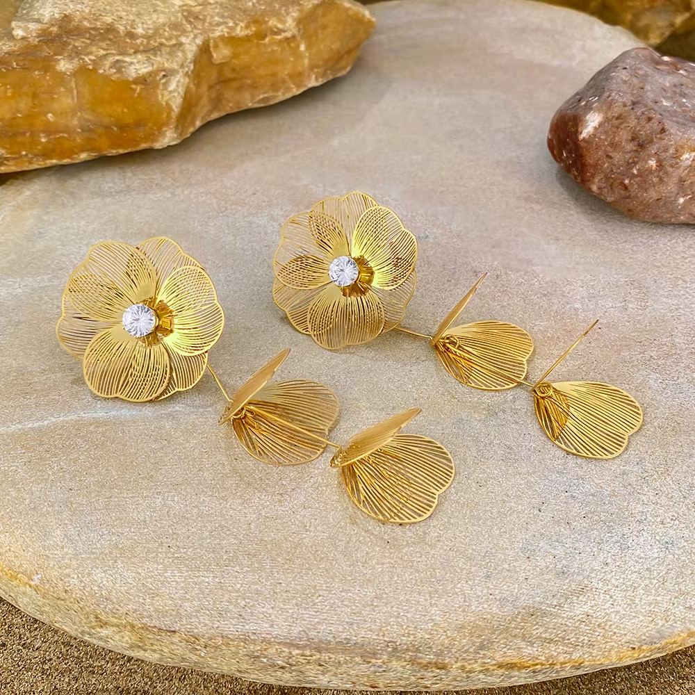 Customized Elegant Tassel Flower CZ Drop Dangle Earring Stainless Steel Stud Gold Huggie Earring Women Jewelry Party Anniversary