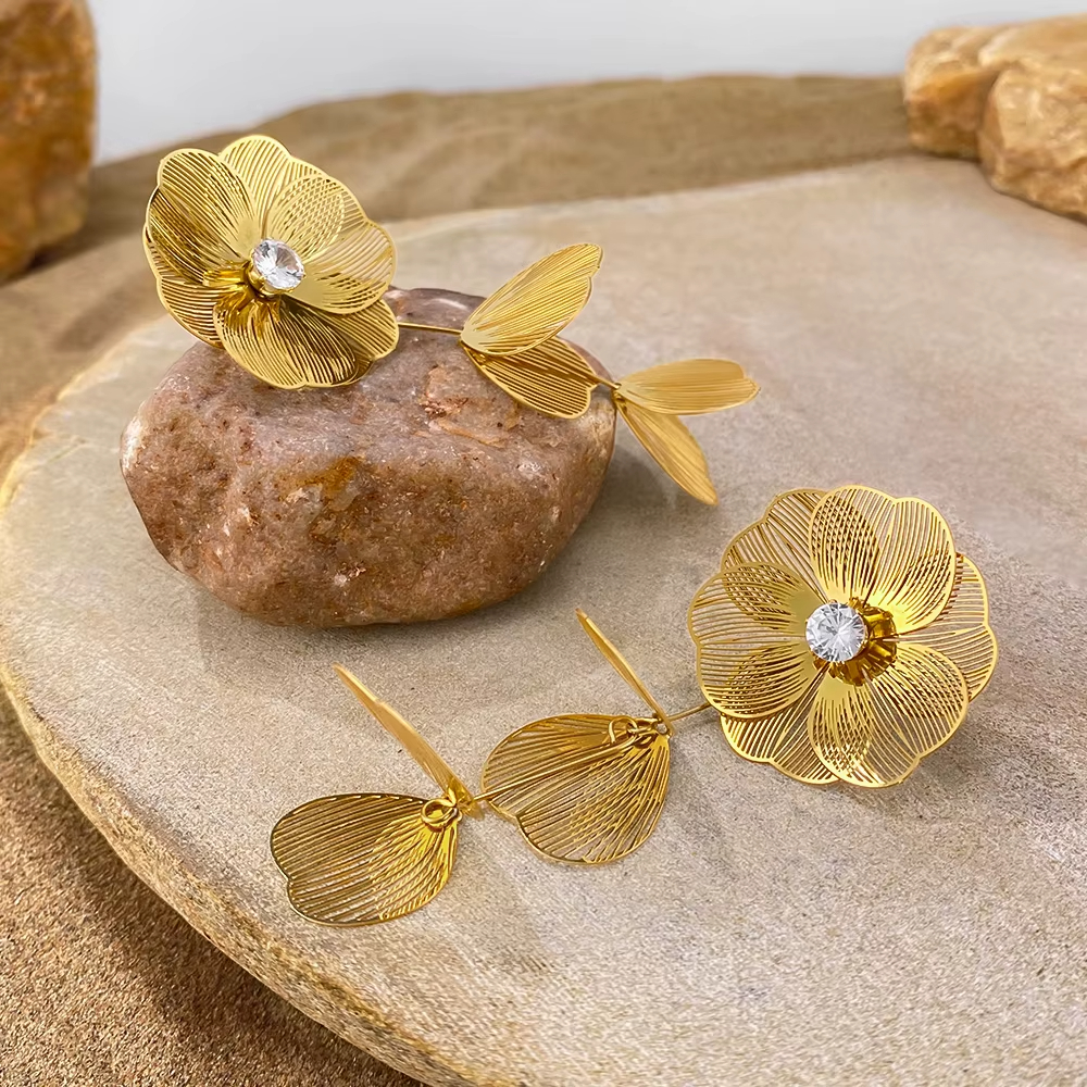 Customized Elegant Tassel Flower CZ Drop Dangle Earring Stainless Steel Stud Gold Huggie Earring Women Jewelry Party Anniversary