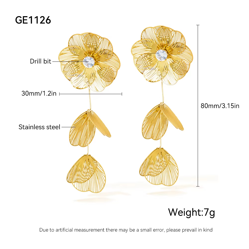 Customized Elegant Tassel Flower CZ Drop Dangle Earring Stainless Steel Stud Gold Huggie Earring Women Jewelry Party Anniversary