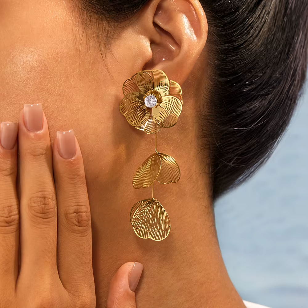 Customized Elegant Tassel Flower CZ Drop Dangle Earring Stainless Steel Stud Gold Huggie Earring Women Jewelry Party Anniversary