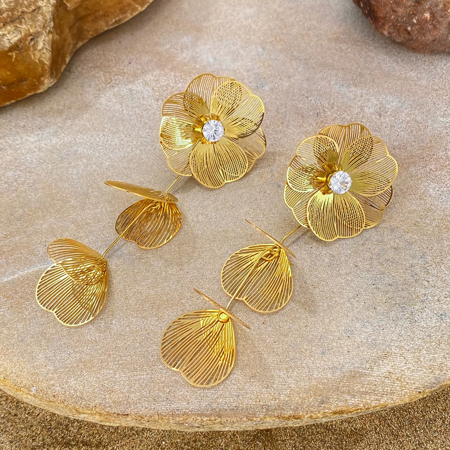 Customized Elegant Tassel Flower CZ Drop Dangle Earring Stainless Steel Stud Gold Huggie Earring Women Jewelry Party Anniversary