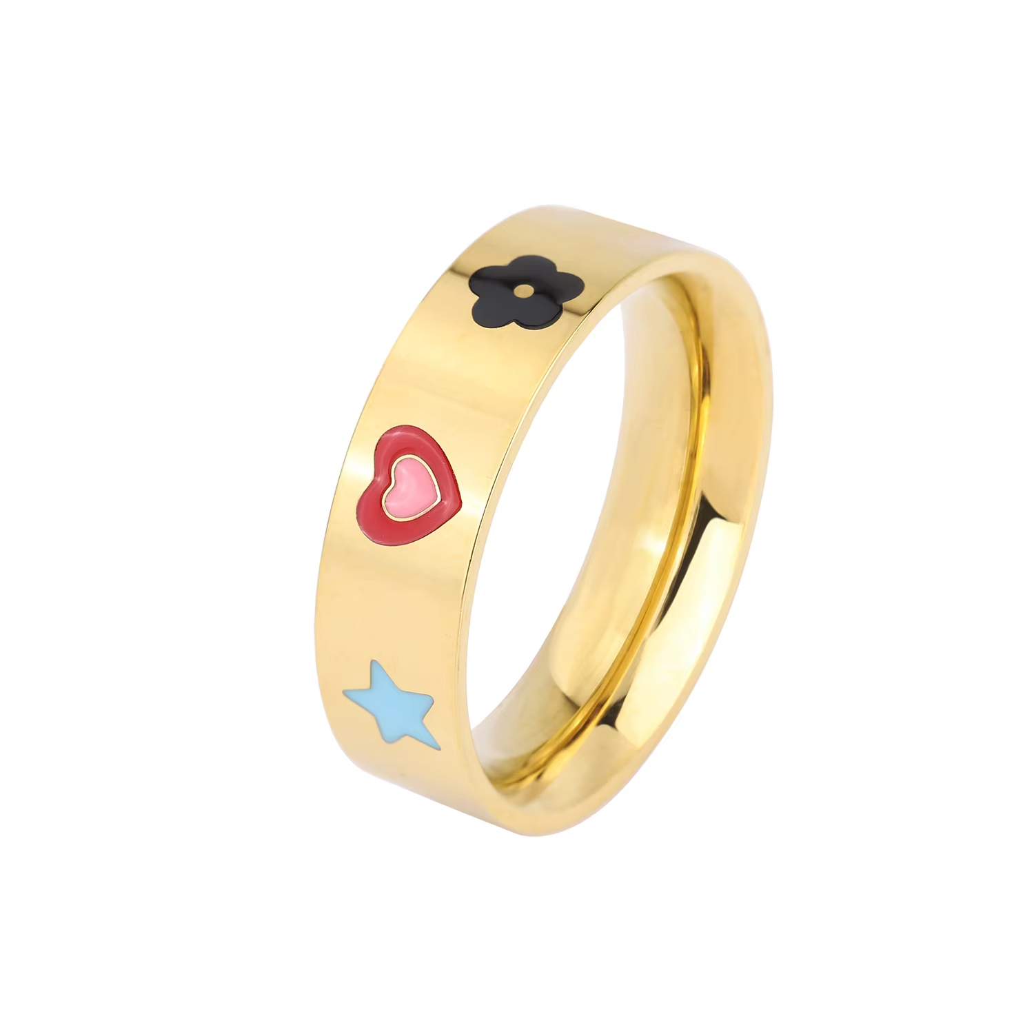 Cute 18K Gold Plated Stainless Steel Enamel Ring – Heart Star Flower Fashion Jewelry