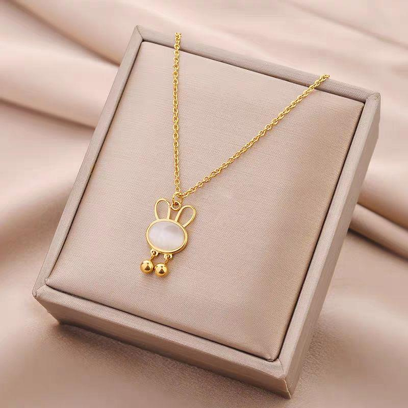 Cute Bunny Pendant Necklace – Gold Chain with Pearl Belly and Jingle Charms