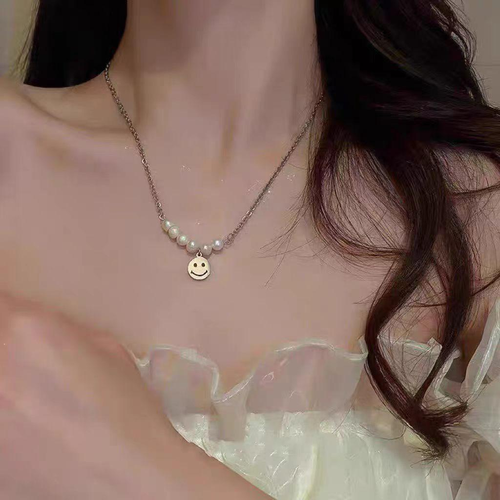 Cute Pearl & Smiley Face Charm Necklace – 18K Gold Titanium Steel Chain