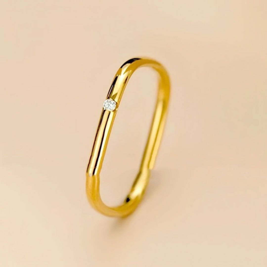 Dainty Geometric Gold Plated Stainless Steel Ring with Single Zircon for Women Minimalist Jewelry