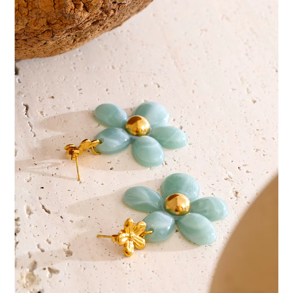 Dark Green Triple Earring Set – Real Silver Glitter Flower Hoops