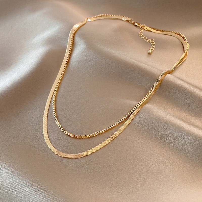 Layered Titanium Steel Necklace for Women – Dual Chain Snake & Box Link Gold Choker