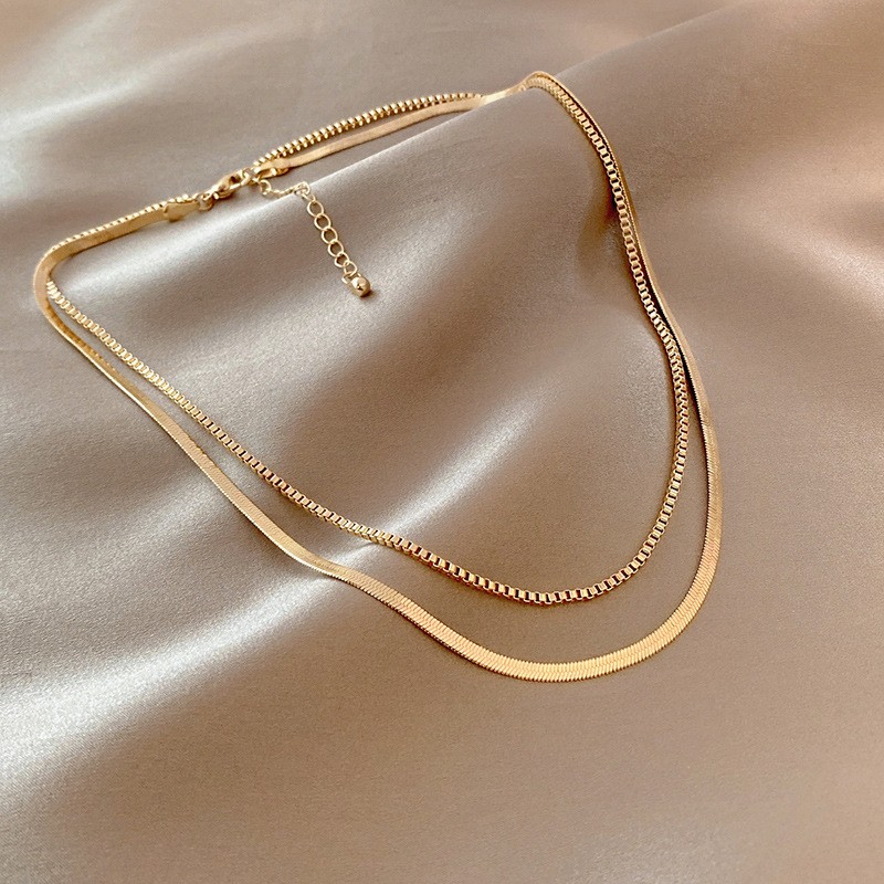Layered Titanium Steel Necklace for Women – Dual Chain Snake & Box Link Gold Choker