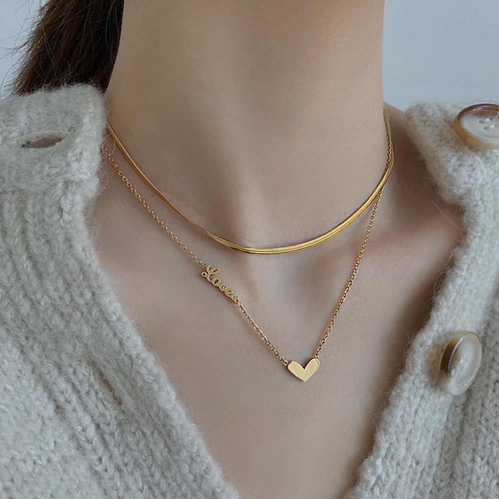 Double Layer Love & Heart Pendant Titanium Steel Necklace – Minimalist Romantic Jewelry for Women