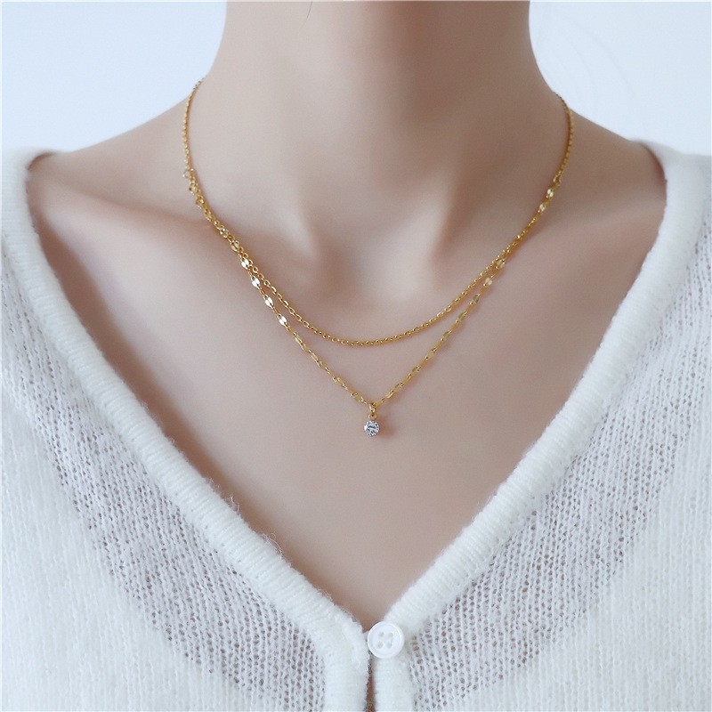 Elegant Double Layer Titanium Steel Necklace for Women with Crystal Pendant – Minimalist Gold Choker Jewelry