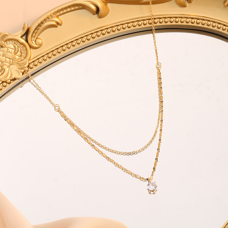 Elegant Double Layer Titanium Steel Necklace for Women with Crystal Pendant – Minimalist Gold Choker Jewelry