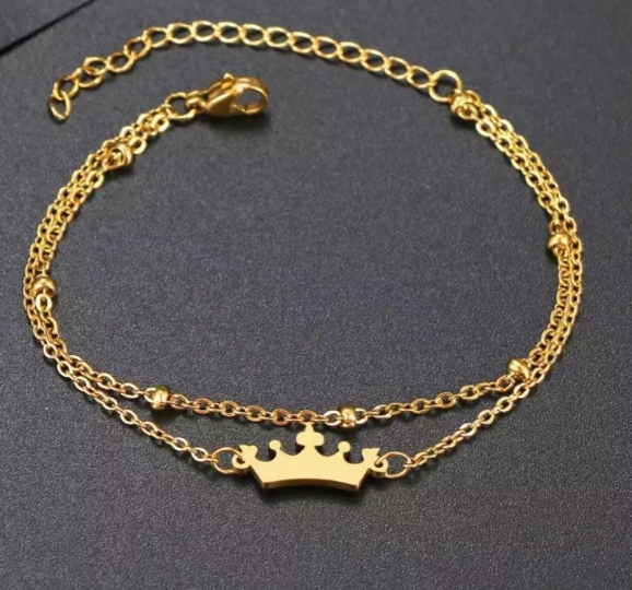 Double Layer Gold Crown Bracelet for Women - Royal Queen Charm Chain with Adjustable Clasp - Elegant Layered Jewelry Gift