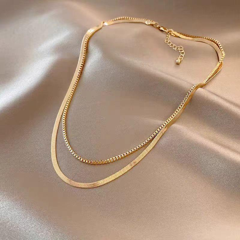 Double Layer Gold Snake & Box Chain Necklace for Women – Elegant Layered Jewelry