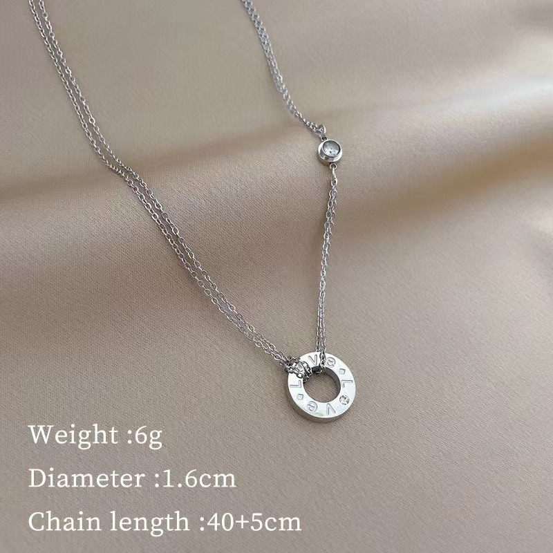Double Layer Silver Pendant Necklace with LOVE Engraving and Zircon Accent