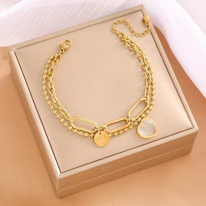 Double Layer Stainless Steel Bracelet – 18K Gold Plated Heart & Coin Charms, Adjustable Elegant Women’s Jewelry, OEM/ODM Factory