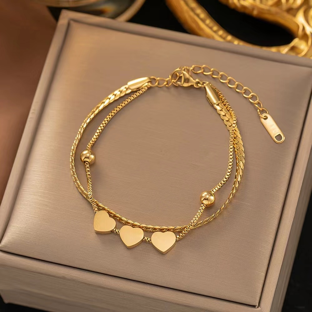 Double Wrap Gold Heart Bracelet – Layered Chain with Triple Heart Charms