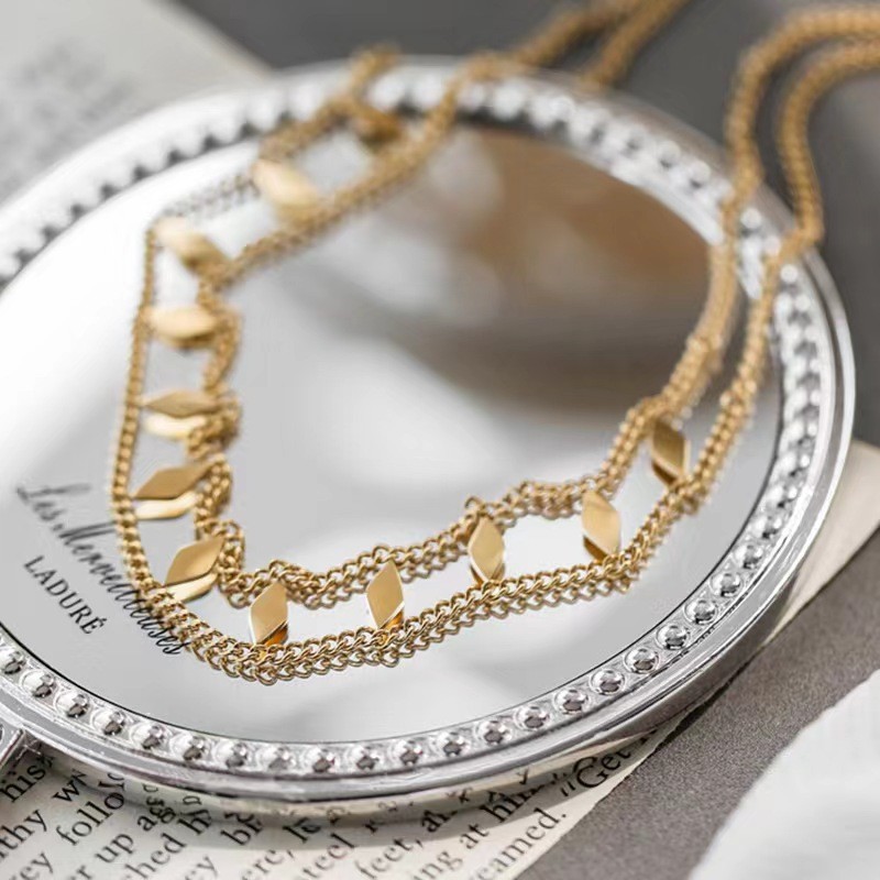 Gold Titanium Steel Layered Necklace with Leaf Charms