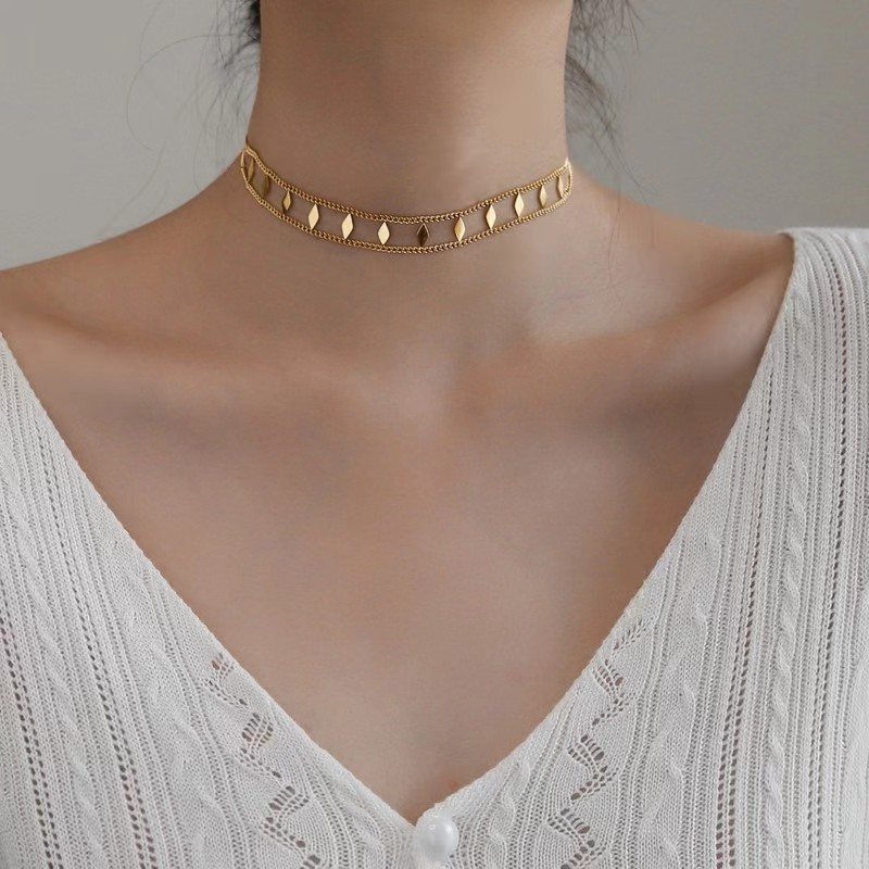 Gold Titanium Steel Layered Necklace with Leaf Charms