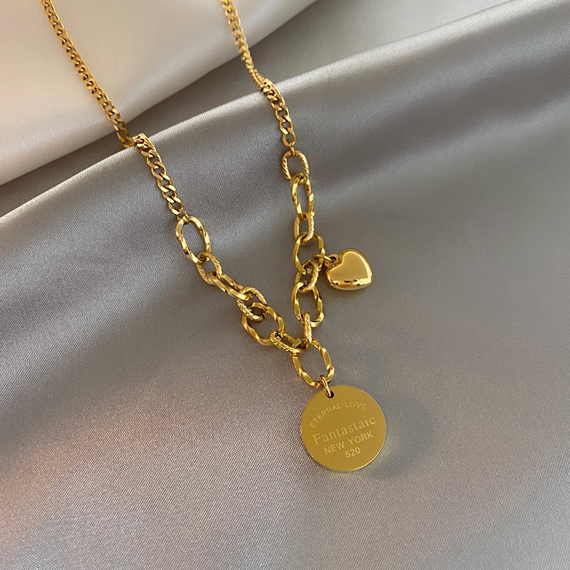 Chunky Double Pendant Titanium Steel Necklace – Urban Statement Chain with Heart & Round Tag