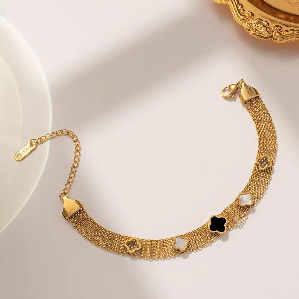 Elegant 18K Gold Plated Stainless Steel Multi-Strand Bracelet for Women with Clover Charms, Adjustable Fashion Jewelry
