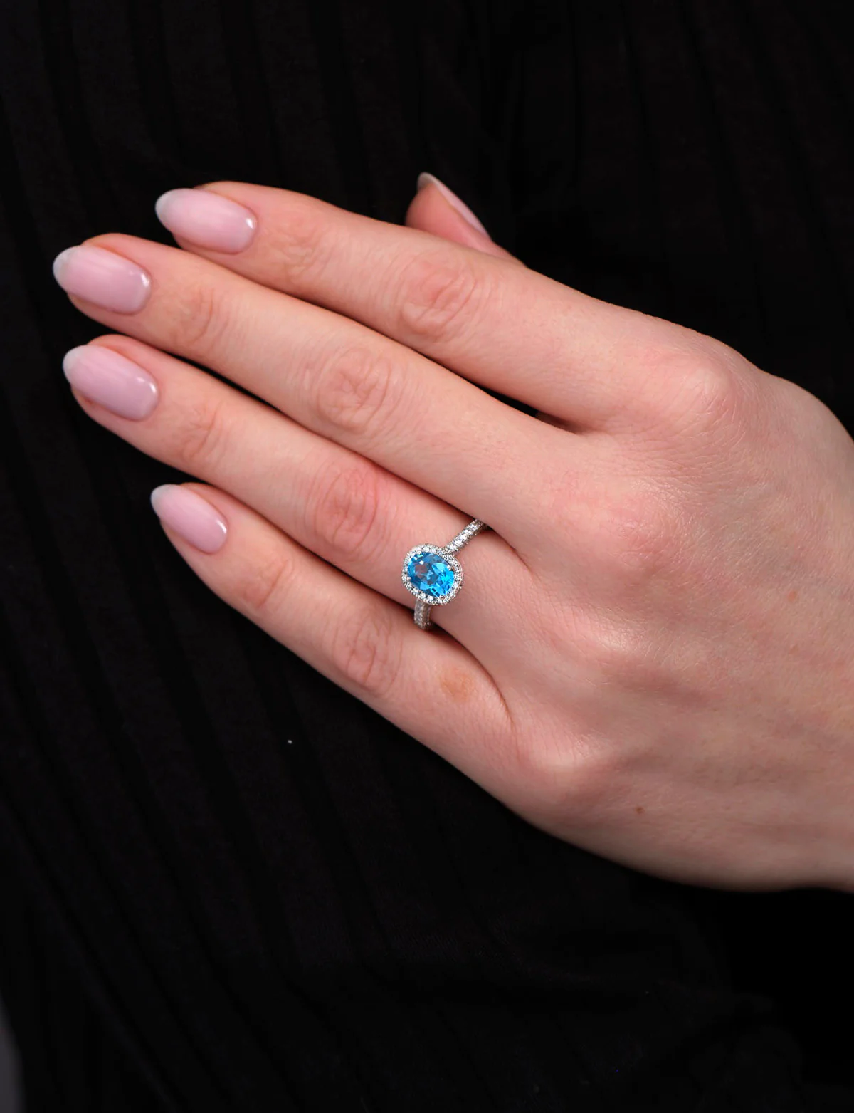 Elegant Blue Topaz Halo Ring – Sterling Silver Engagement Ring for Women