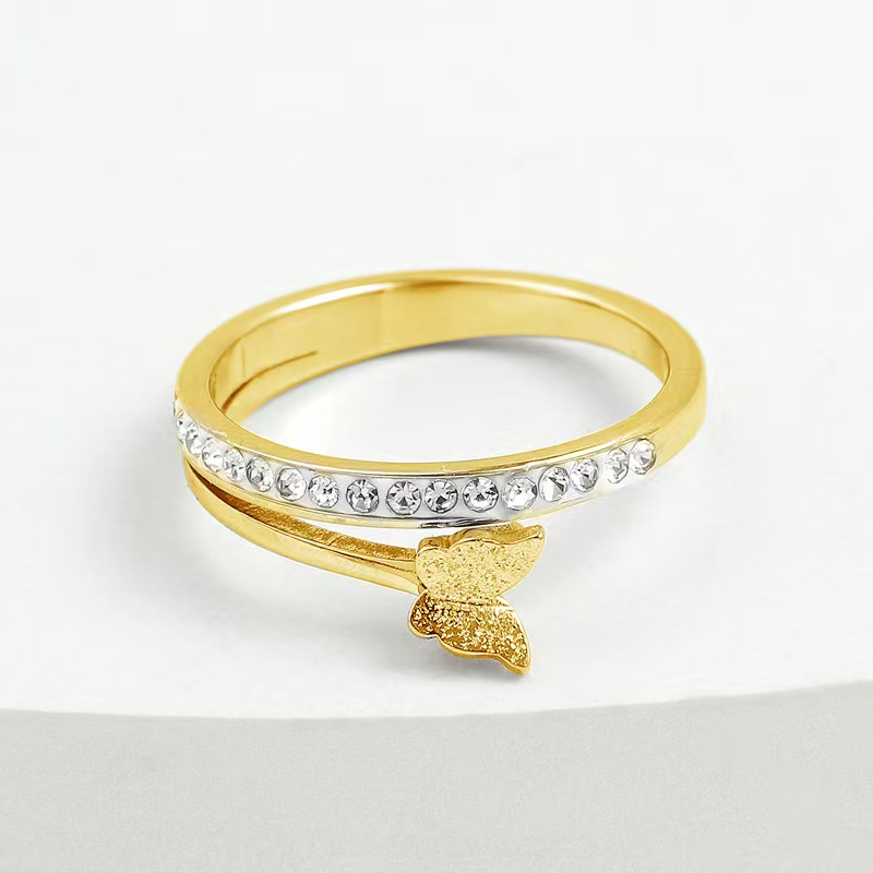 Elegant Butterfly Design Zircon Gold Plated Stainless Steel Ring for Women Wedding Party Gift