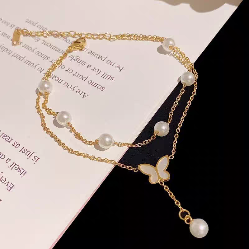 Elegant Butterfly & Pearl Layered Necklace – Gold Stainless Steel Jewelry