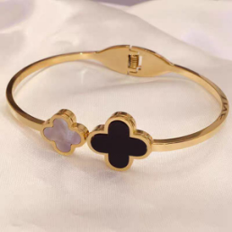 Elegant Dual Clover Bangle Bracelet for Women – 18K Gold Plated Stainless Steel with Black Enamel and White Mother-of-Pearl Inlays, Hinged Lucky Charm Jewelry for Fashion, Gifts and Everyday Elegance