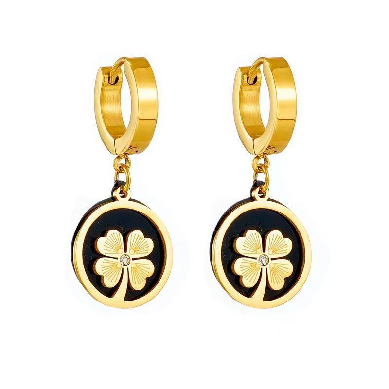 Elegant Four-Leaf Clover Hoop Earrings with Black Enamel and Gold Plating, Ideal for Stylish Women and Lucky Jewelry Gifts