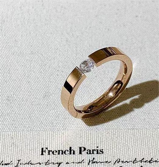 Elegant Solitaire Stainless Steel Ring with Inset Zircon - Rose Gold Wedding Style