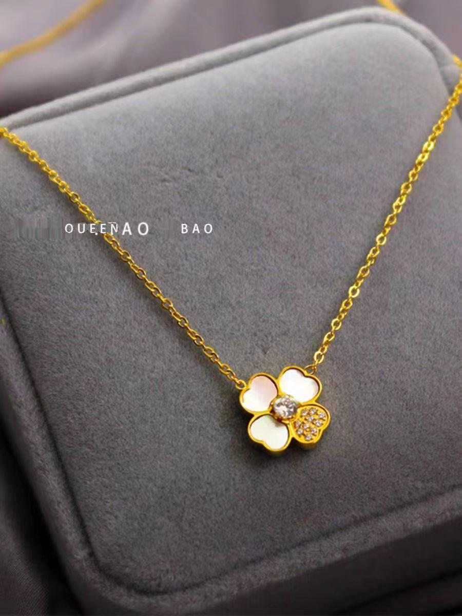 Elegant White Clover Pendant Necklace with Gold Plating & Crystals – Mother of Pearl Floral Jewelry for Women
