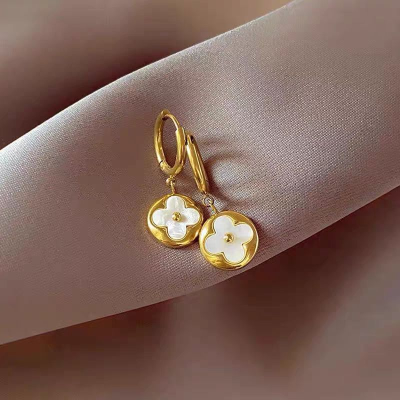 Emerald Cut Diamond Earrings Inspired Design – Simple Gold Earrings in Flower Pattern with Pearl Inlay | Handmade Earrings for Women