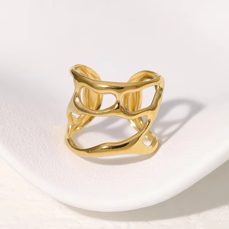 European Irregular Hollow 18k Gold Titanium Steel Index Finger Ring