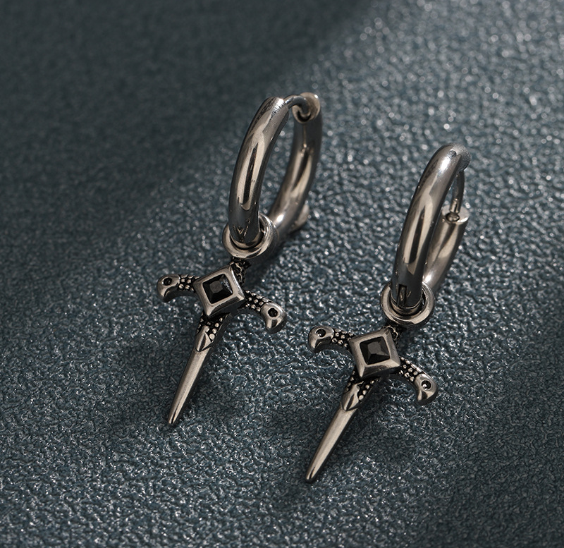 Gothic Sword Cross Dangle Hoop Earrings, Stainless Steel, Unisex, Punk Style, 2024 Trend