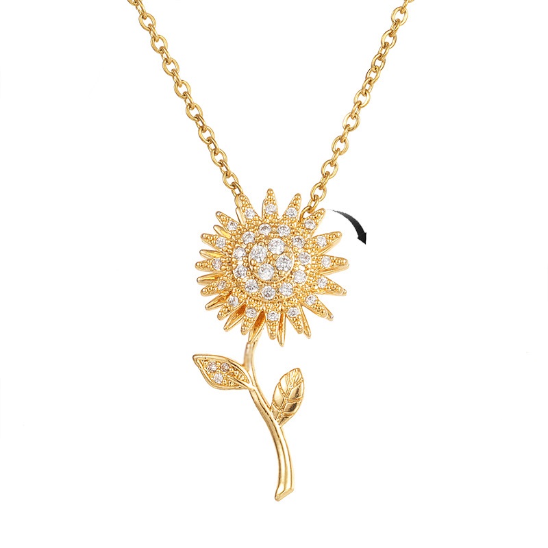 Fashion Design Sunflower Necklace Luxury Zircon Rhinestone Gold Plated Titanium Stainless Steel Ladies Chokers Necklace