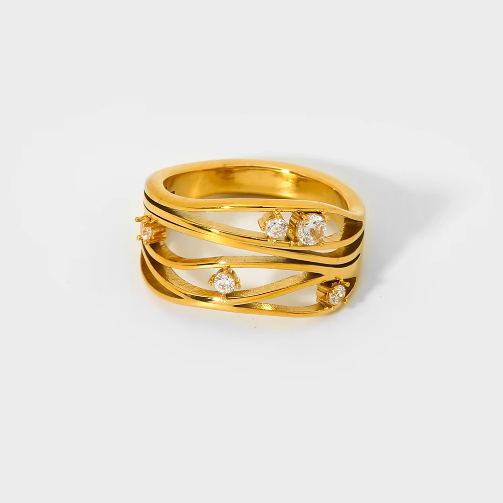 18K Gold Plated Geometric Layered Band Ring – Stainless Steel Waterproof Cubic Zirconia Fashion Jewelry for Women