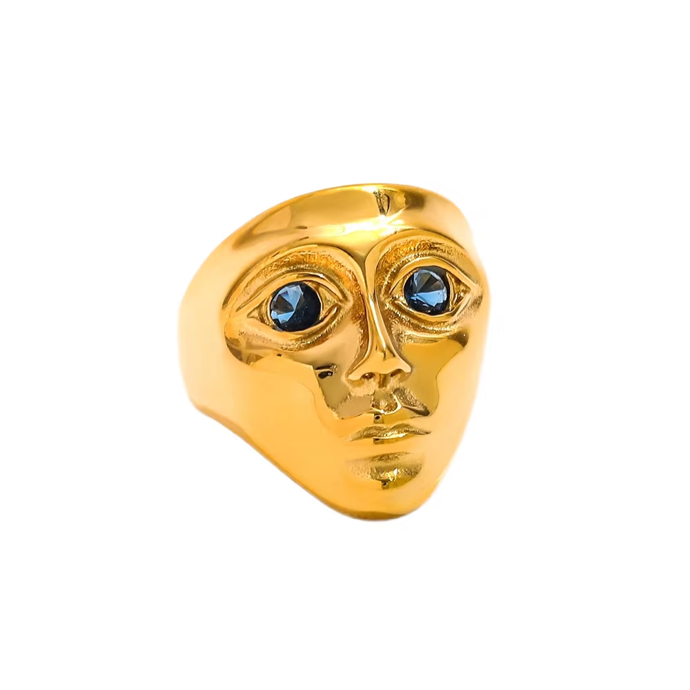 Chunky Artistic Face Ring – 18K Gold Plated Wide Stainless Steel Ring with Blue Gemstone Eyes for Women