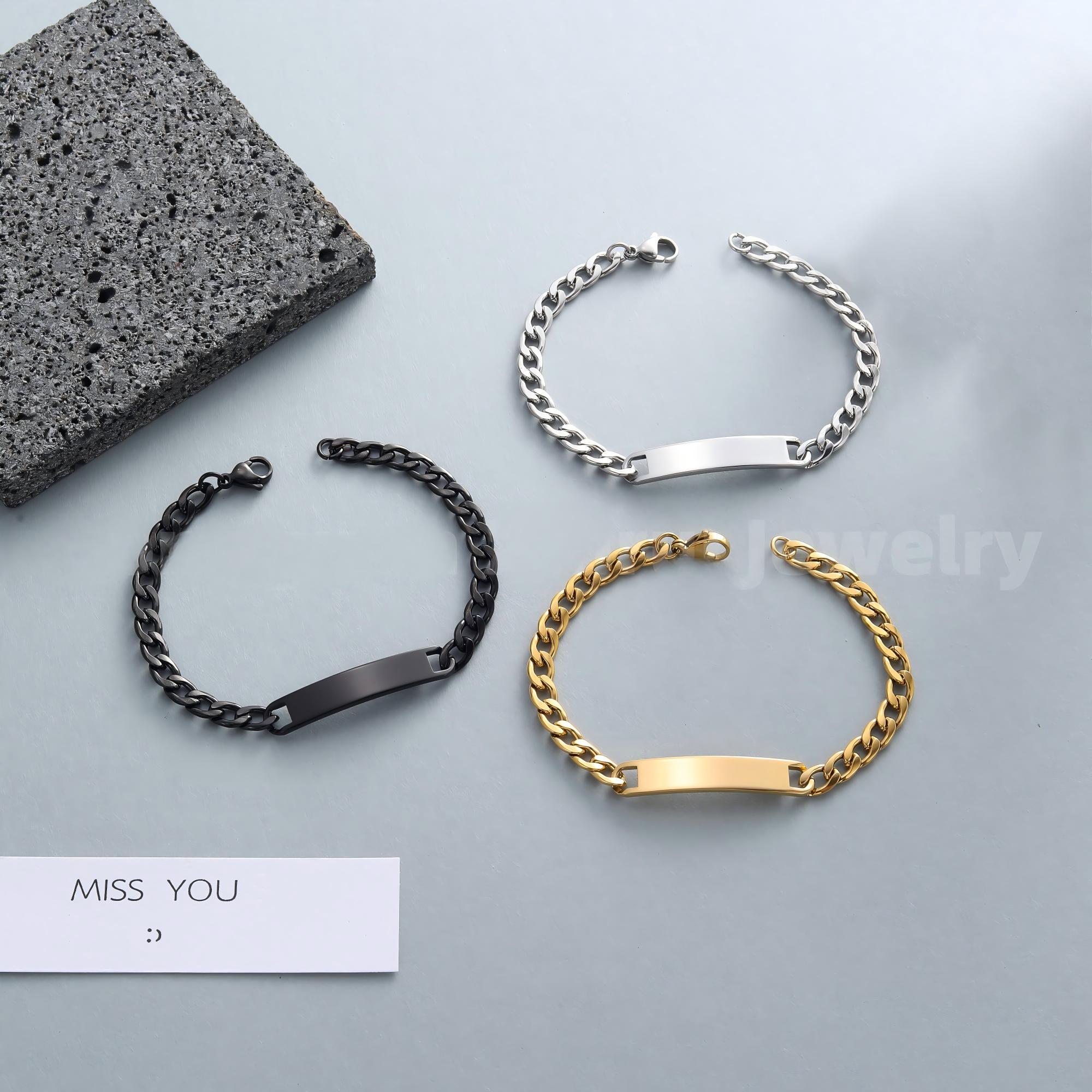 Fashion Jewelry Logo Name Customized Engraved Blank Bar Bracelet 18K Gold PVD Plated Curb Chain Stainless Steel Men Bracelet