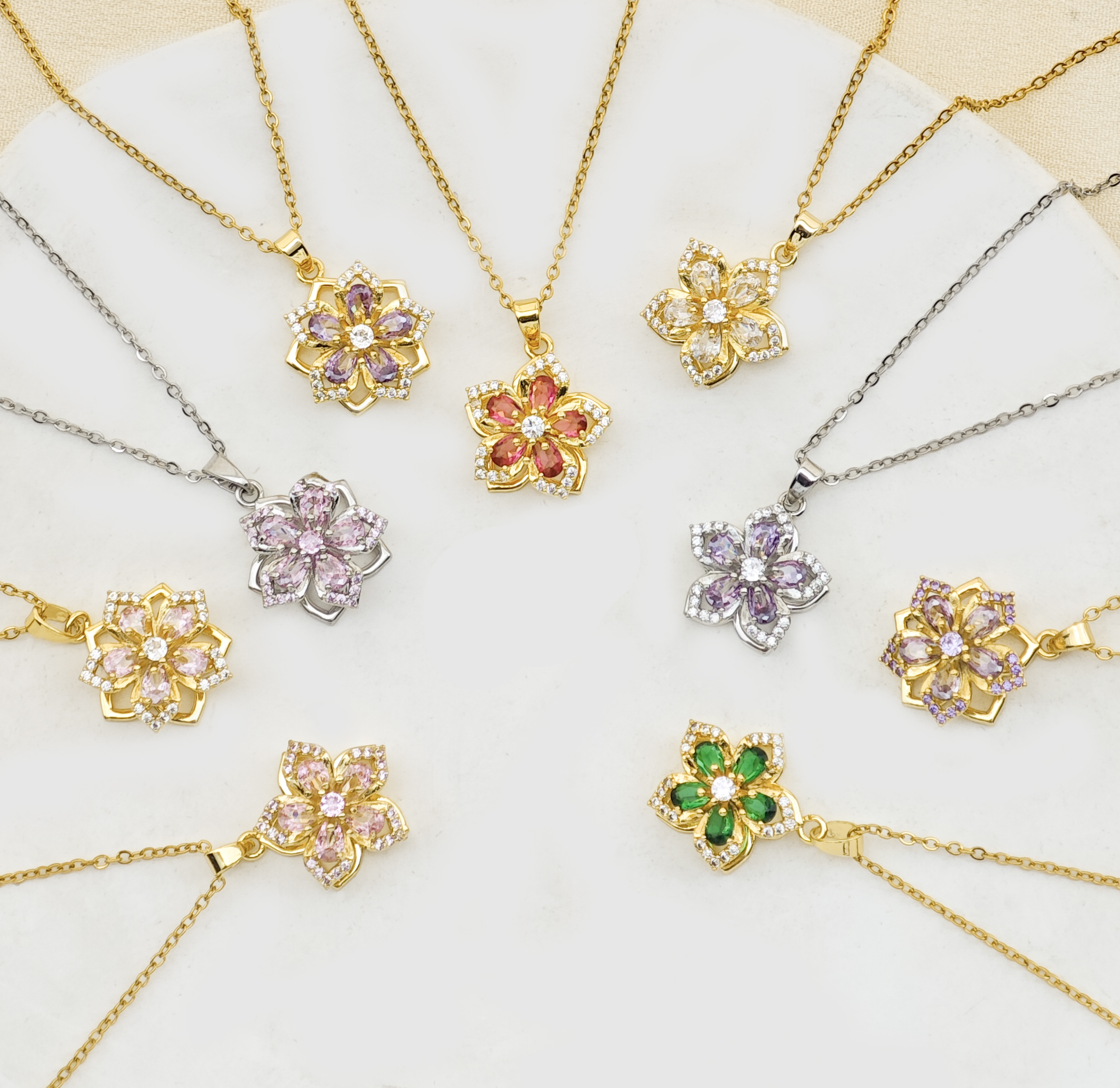 Fashion Link Chain Necklace Spinning Flower Copper Pendant with Zirconia Ladies' Accessory Set Brass Jewelry