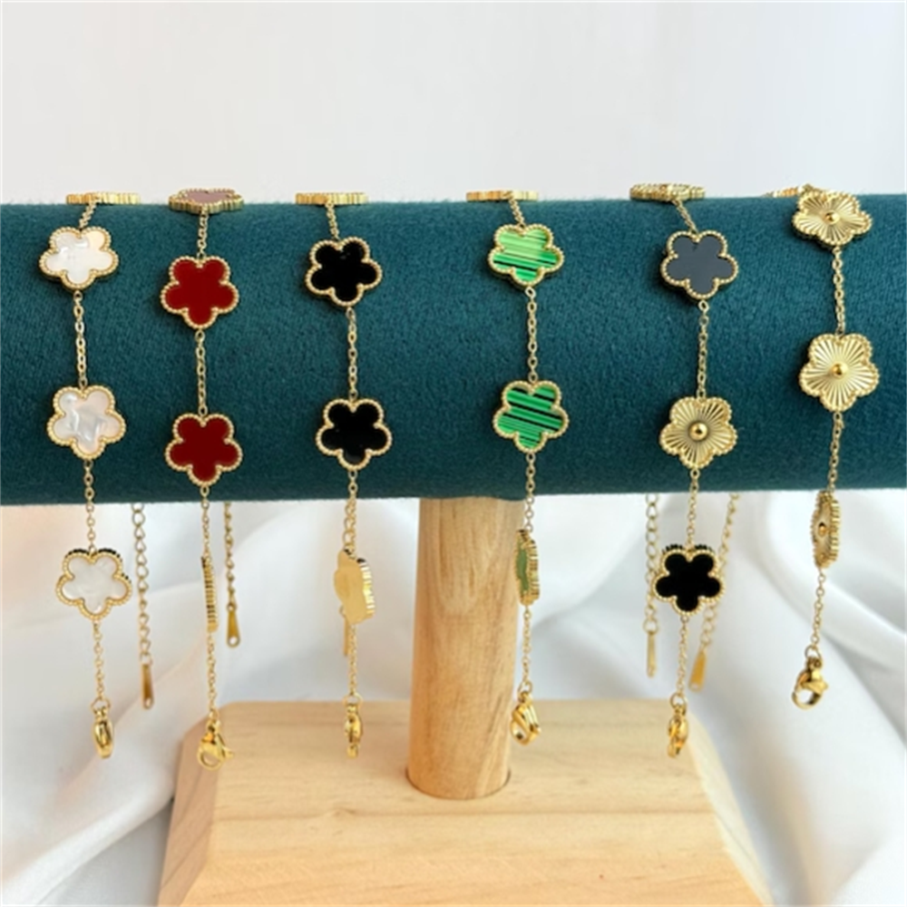 Fashion Lucky Clover Leaf Multi-colored Agate Flowers Charms Bracelet 18K Gold Stainless Steel Waterproof Non Fading Jewelry