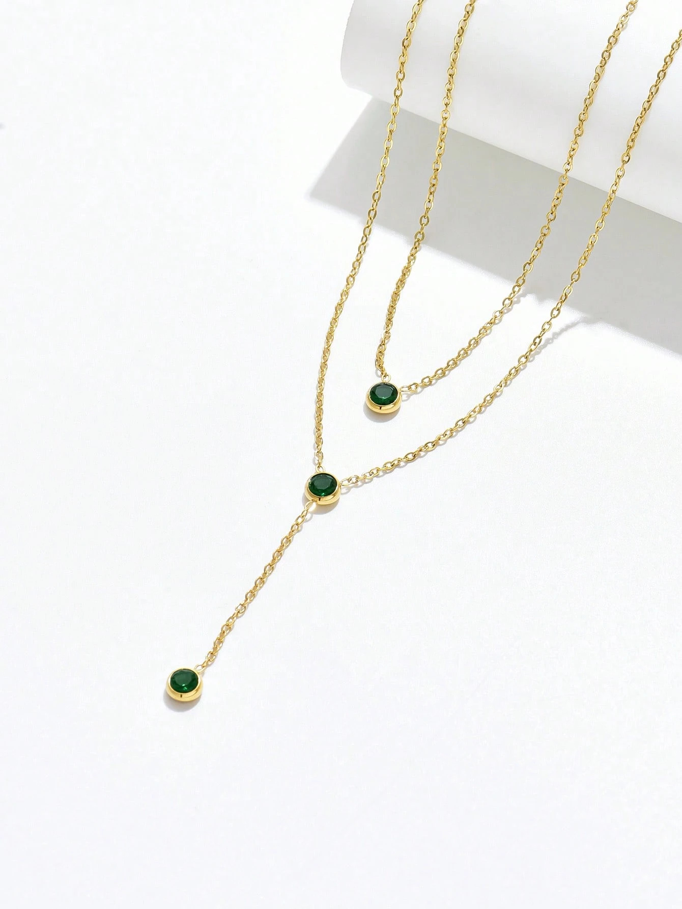Fashion Stainless Steel Y Shape Multi Layered Green Zirconia Necklace Women Jewelry